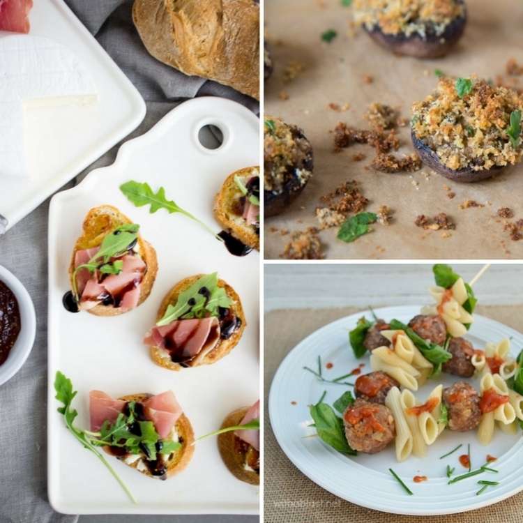 OneCrazyHouse Italian Appetizers collage photo prosciutto and fig on toast, stuffed mushrooms, meatballs and penne pasta on a stick