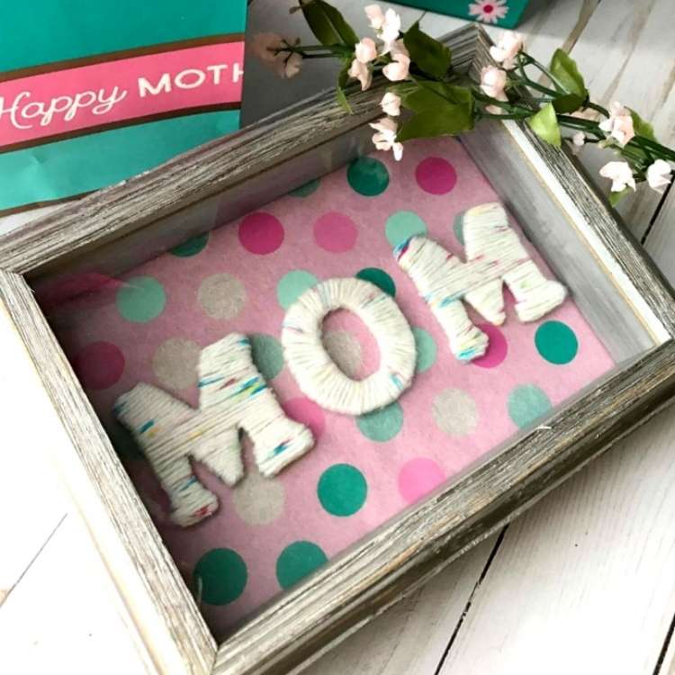 OneCrazyHouse Mother's day gifts diy Collage Image, Frame with mom written inside, potted plant with pictures on planter, vases made from mason jars with card attached Shadow Box with decorated paper inside with the word MOM in the middle