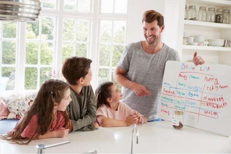 OneCrazyHouse Whiteboard Ideas Smiling man showing a whiteboard with chore chart on it to a group of 3 children in a kitchen