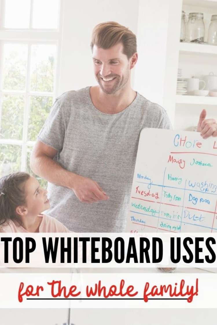 OneCrazyHouse Whiteboard Ideas Smiling man showing a whiteboard with chore chart on it to a group of 3 children in a kitchen