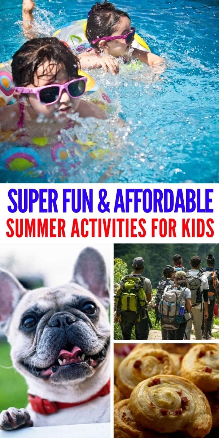 OneCrazyHouse budget friendly summer activities collage image, children swimming in pool with air tire, both wearing sunglasses, closeup of a dog, group of people walking away from camera wearing backpacks, baked good closeup