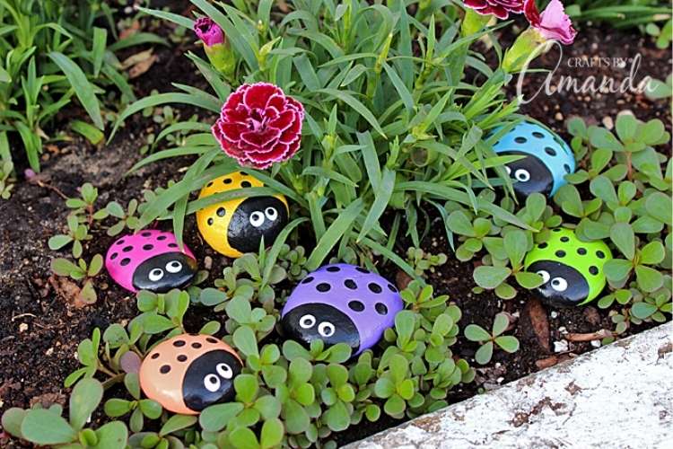 OneCrazyHouse budget friendly summer activities Garden with rocks painted to look like ladybugs