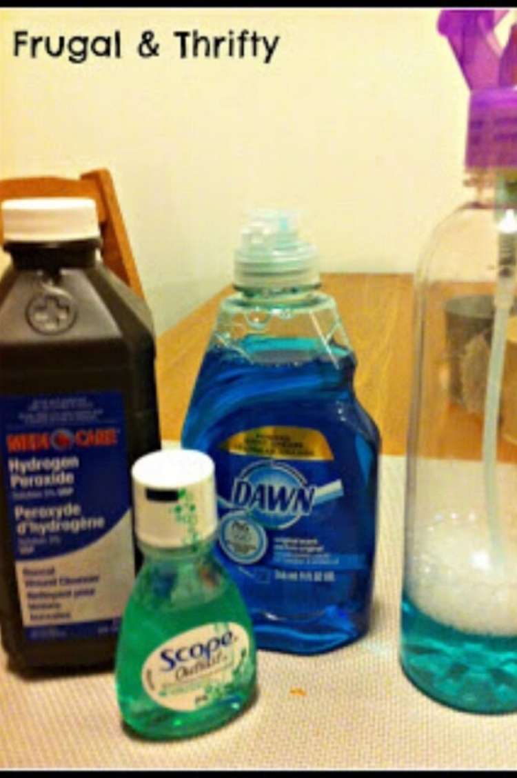 OneCrazyHouse dawn dish soap bottle of peroxide, dawn dishsoap, mouthwash and a spray bottle on a table