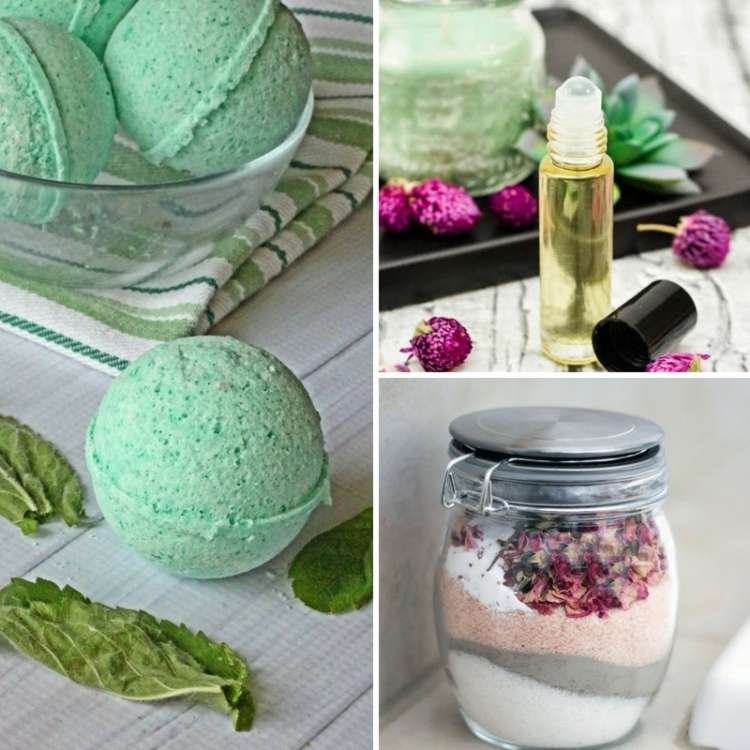 OneCrazyHouse gifts for stress relief Collage Image, 3 Bath bombs, bottle of essential oil spray, jar of rose and sugar scrub