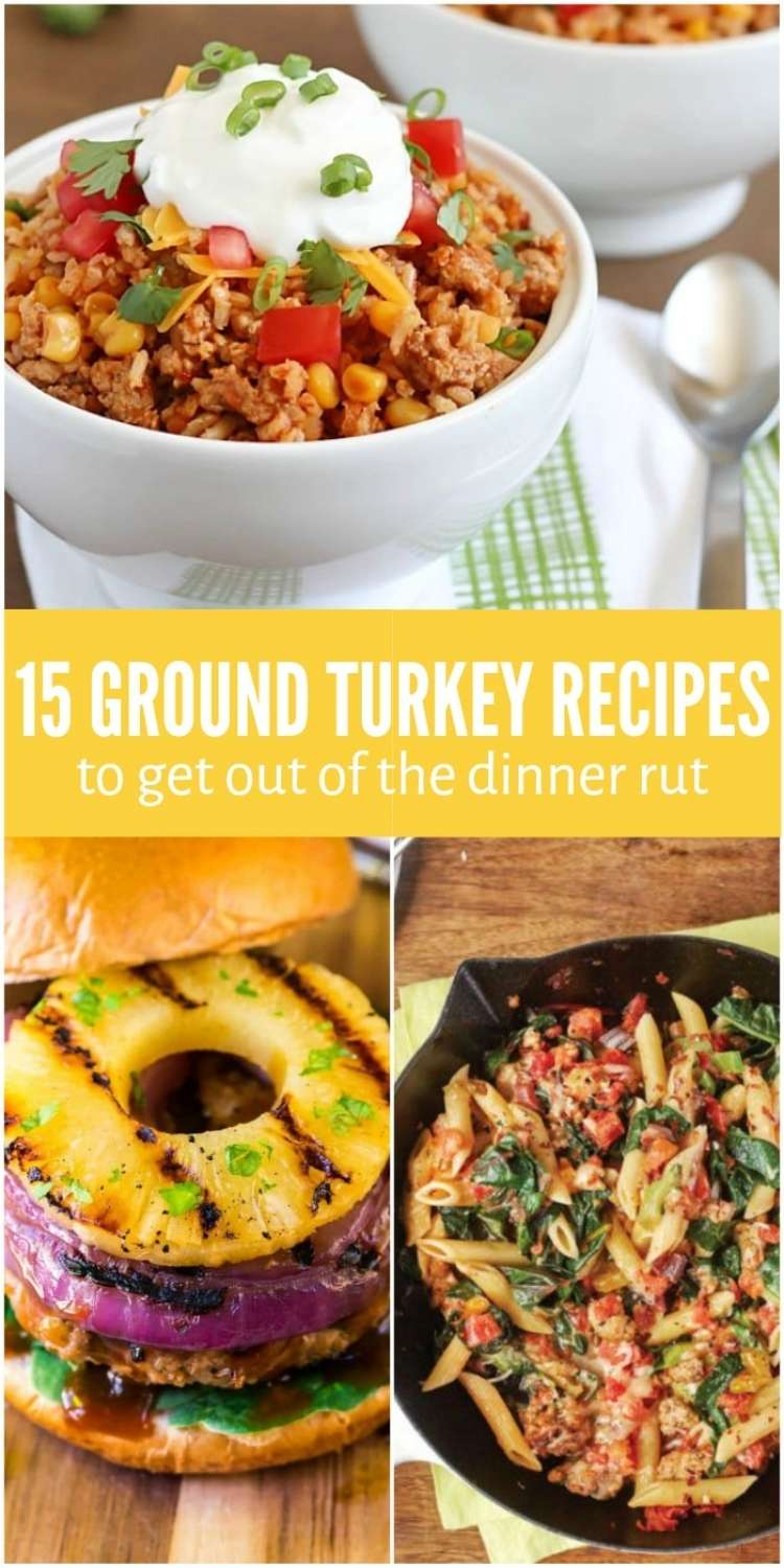 OneCrazyHouse ground turkey recipes, ground turkey taco bowl, teriyaki turkey burger with grilled pineapple slice, cast iron skillet with ground turkey and greens pasta