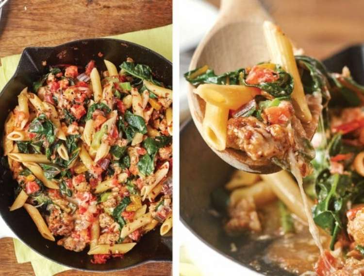 OneCrazyHouse ground turkey recipes ground turkey and greens skillet collage shot with a shot of the whole cast iron skillet and a close up of a spoonful 