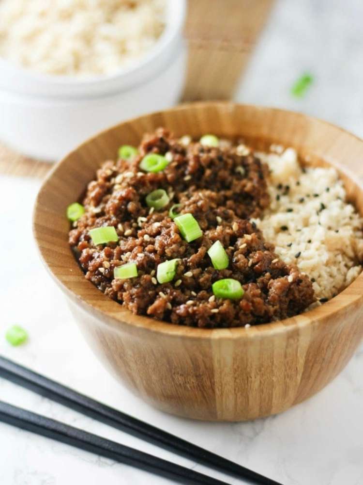 OneCrazyHouse ground turkey recipes bowl of teriyaki ground turkey with white rice with chopsticks in front of the bowl