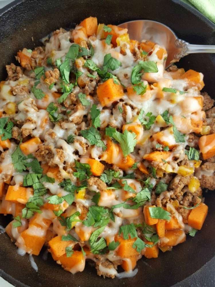 OneCrazyHouse ground turkey recipes cast iron skillet with ground turkey and sweet potatoes covered in cheese
