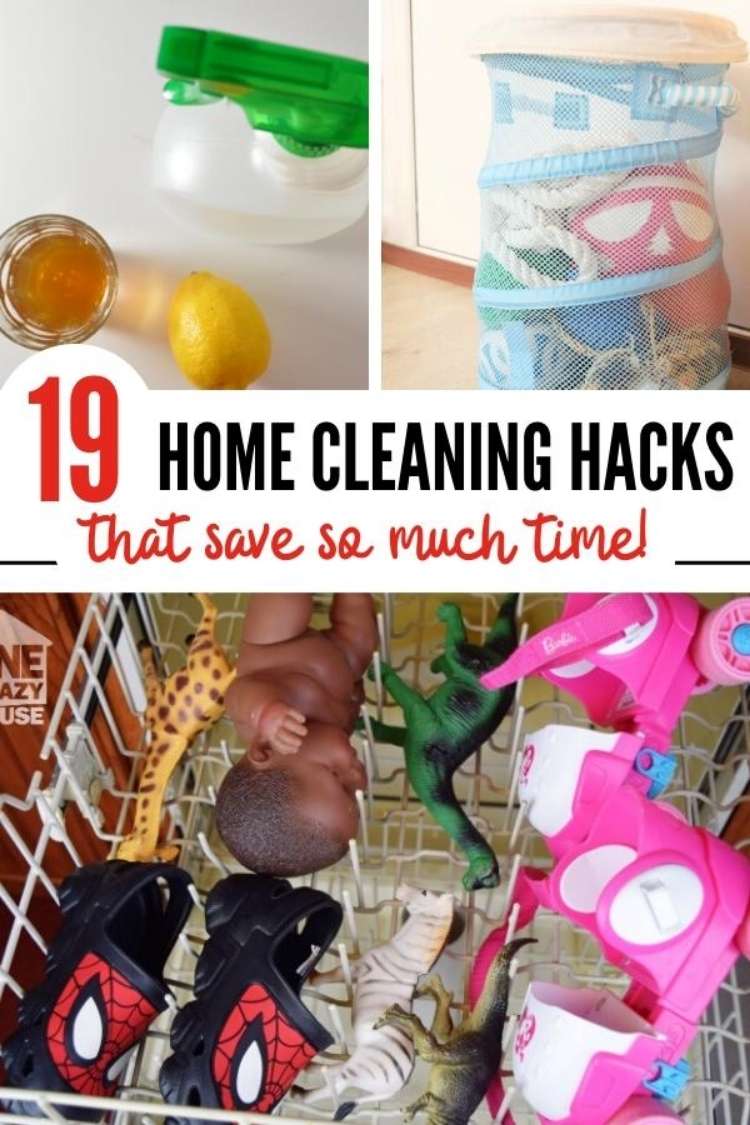 OneCrazyHouse hacks for cleaning collage image, spray bottle with cup of solution and lemon near it, mesh pop up hamper used as catch all basket for easy cleaning, top rack of dishwasher filled with toys