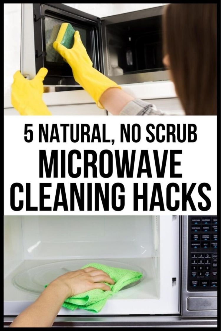 OneCrazyHouse how to clean microwaves Collage image, woman wearing gloved cleaning a microwave, hand wiping down inside of microwave