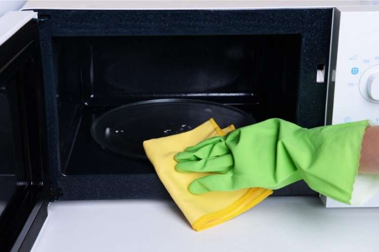 OneCrazyHouse how to clean microwaves Gloved hand wiping down inside of microwave with a reusable papertowel 