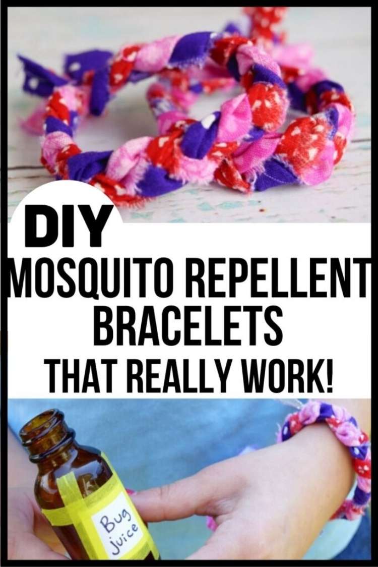OneCrazyHouse mosquito repellent bracelets collage image, braided fabric bracelets 2, person wearing braided fabric bracelets, holding dropper bottle labeled bug juice.