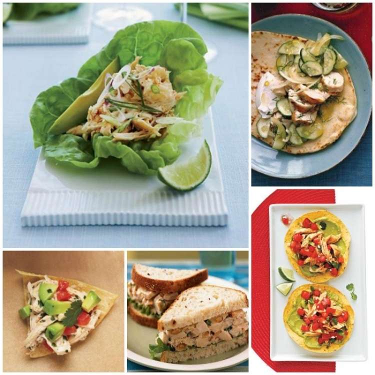 OneCrazyHouse Rottisserie Chicken Recipes Collage image, chicken salad in lettuce up, chicken and sliced cucumber in pita bread, tortilla chip with chicken and avocado salad, plate with chicken sandwich, taco shells filled with chicken and topped with tomatoes with lime slices on plate. 