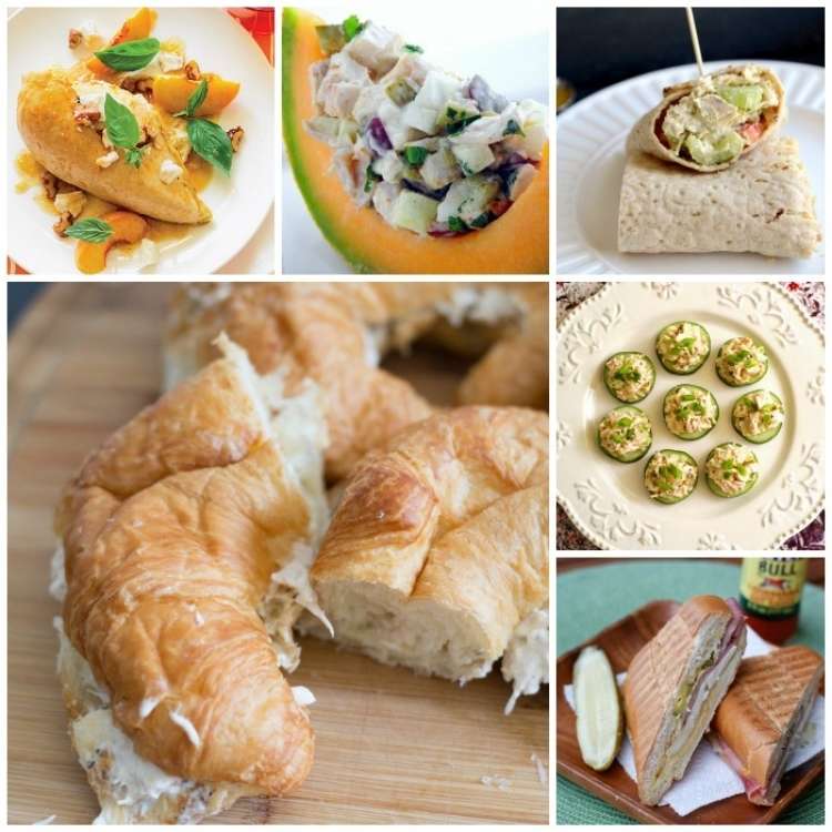 OneCrazyHouse Rotisserie Chicken Recipes Apricot Basil Chicken Salad, Chicken Salad Served in a cantelope wedge, chicken salad in tortilla roll, chicken salad served on croissant breads, Cuban Chicken Sandwich