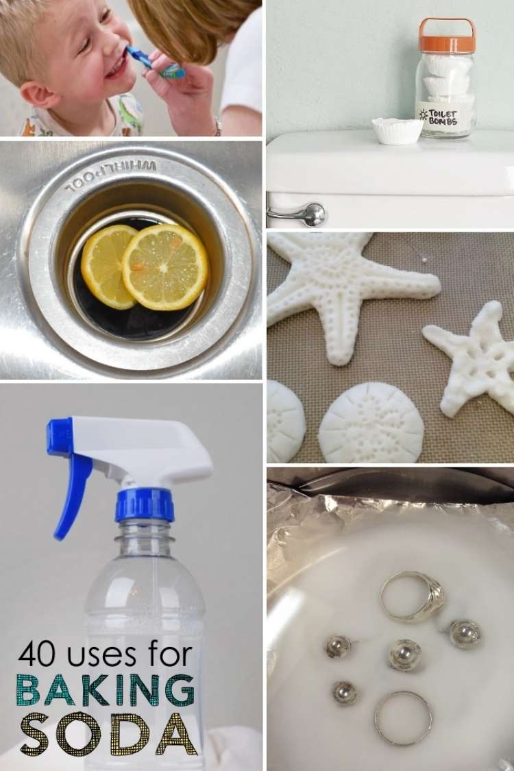 OneCrazyHouse ways to use baking soda collage photo, lemon slices in bowl, starfish made from baking soda, silver rings cleaned by silver, 