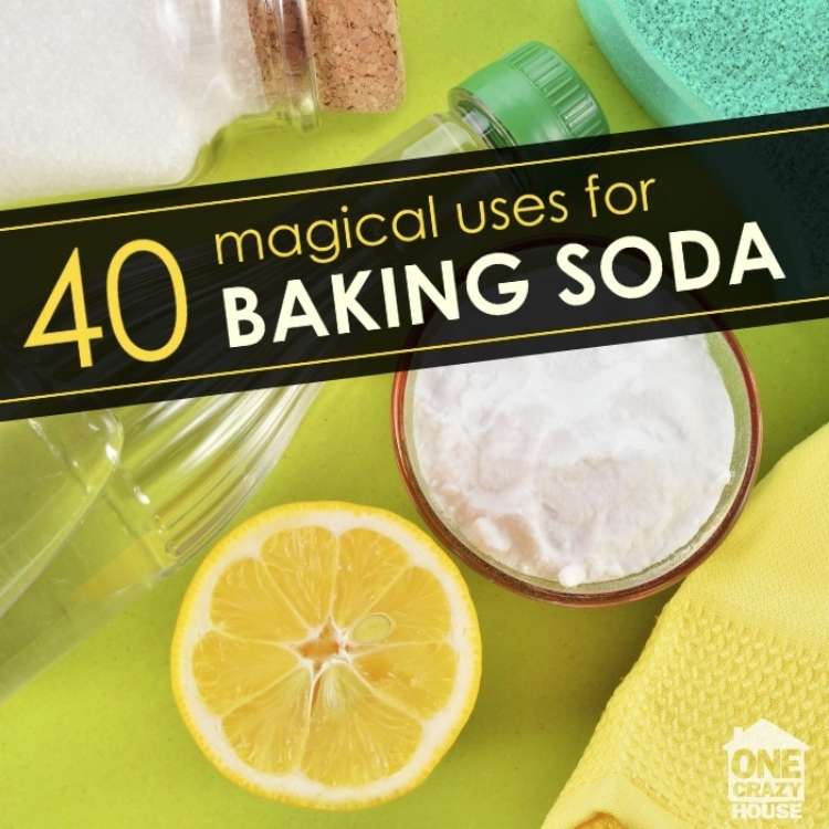 OneCrazyHouse ways to use baking soda bowl of baking soda next to orange half surrounded by other cleaning products