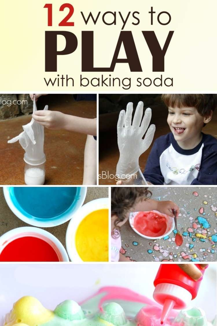 OneCrazyHouse ways to use baking soda college photo 12 wyas to play with baking soda title, child with hand covered in white substance, baking soda in bowls with food colorings,