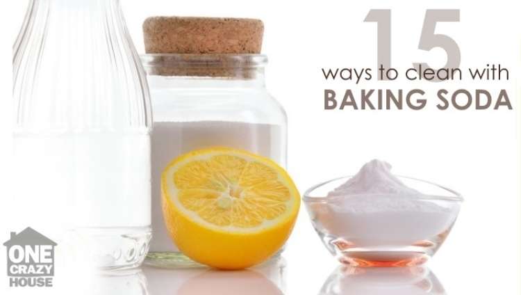 OneCrazyHouse ways to use baking soda bowl of baking soda next to halved orange and a larger glass container with baking soda.