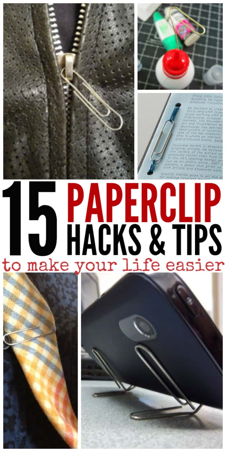 15 paper clip hacks & tips to make life easier, collage of zip, binder, tie clip and phone stand hacks