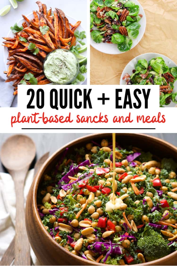 collage of quick + easy plant-based snacks and meals - air fryer sweet potato fries, brussel sprouts, and a colorful and nutrient-dense kale power salad. 