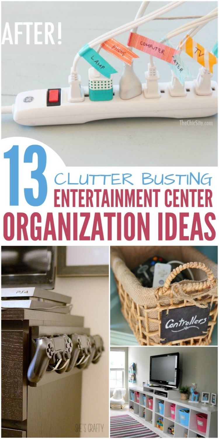 Collage of crafty ways to declutter your entertainment centers using labels, baskets, hooks and more. 