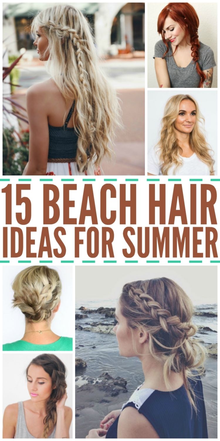 Collage of simple and fun beach hair ideas for the Summer such as waves, braids, and funs. 