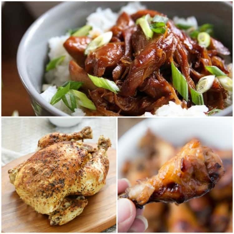 Chicken Instant Pot recipes, bowl of honey bourbon chicken, roasted faux rotisserie chicken on a wooden platter, hand holding sweet and sour chicken wing