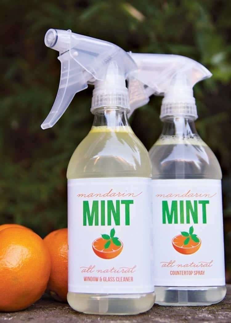 Talk of genius green cleaning recipes! 2 spray bottles of all-natural, homemade Mandarin-mint countertop spray