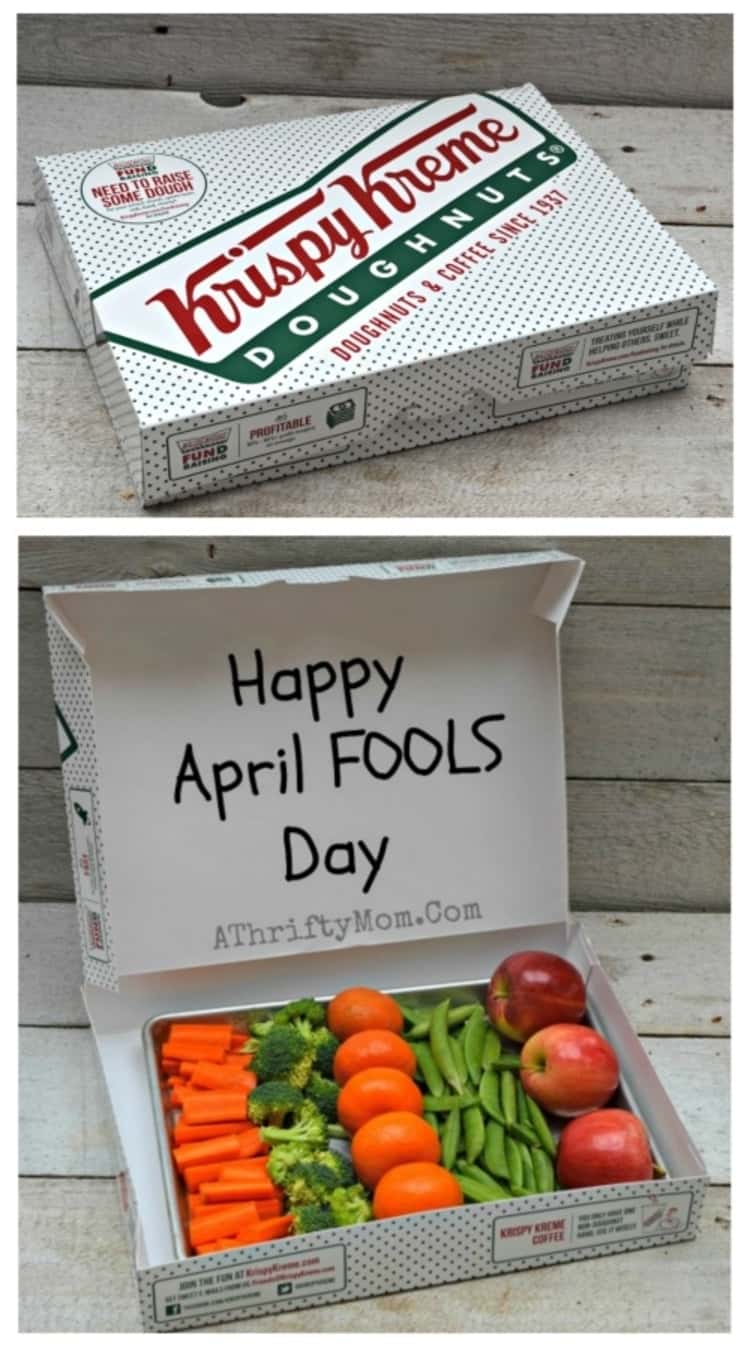 Vegetables packed in a Krispy Kreme box with a Happy April Fool's Day Message 