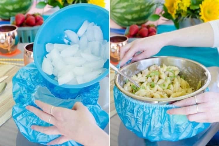 A photo showing a shower cap being filled with ice and a food bowl secured into the shower cap to keep food cold