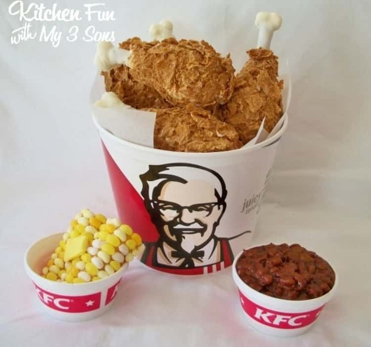 A bucket of fried chicken made from marshmallows, pretzels, rice krispies and chocolate! 