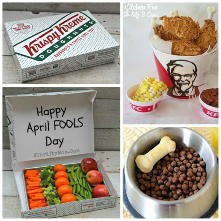 Trick Foods for Playing Pranks- a photo collage of different hilarious food tricks. From a bucket of KFC made from dessert to a dog food bowl filled with Coffee puffs and a bone-shaped biscuit, these food tricks never grow old! 