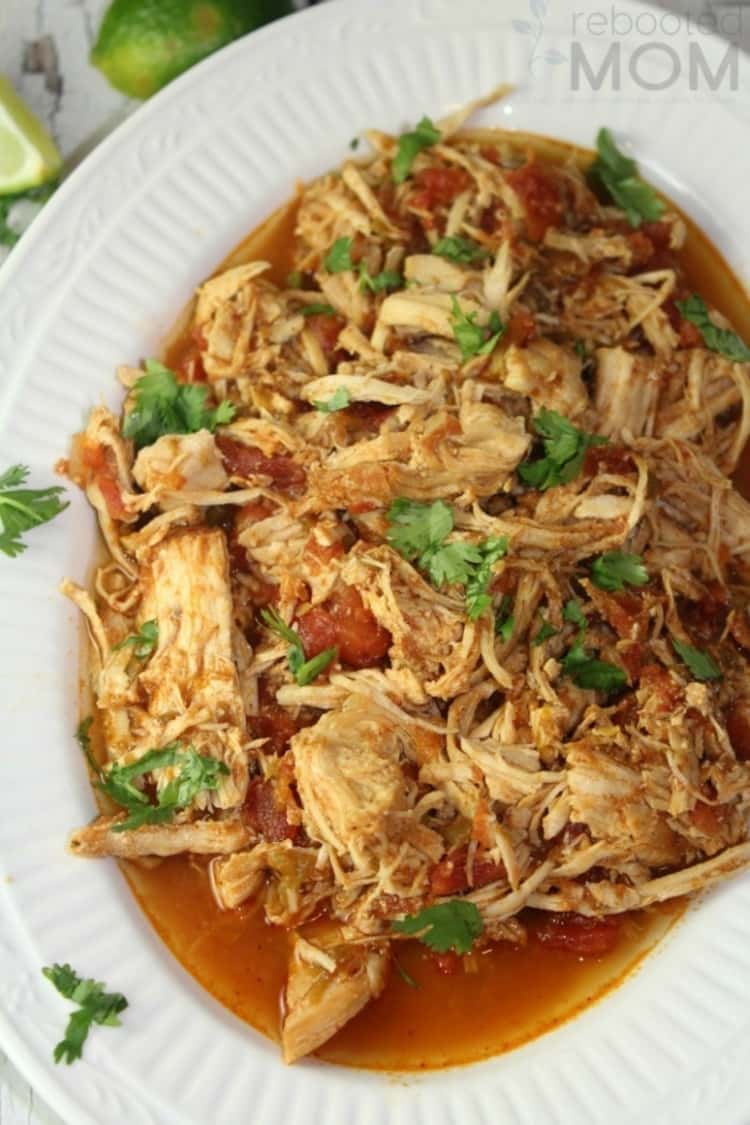 platter of shredded mexican chicken in a light sauce, topped with cilantro, Instant Pot Chicken Recipes