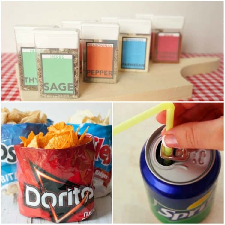 A photo collage of different amazing picnic hacks - tictac cans filled with spices and herbs, a chip bag turned into a chip bowl and a tick to stop a straw from popping up 