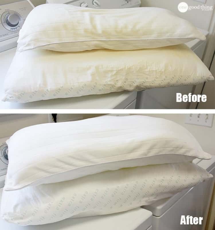 2-photo collage of a Before picture of yellow unattractive pillows to an After picture of clean, white, and fluffy pillows