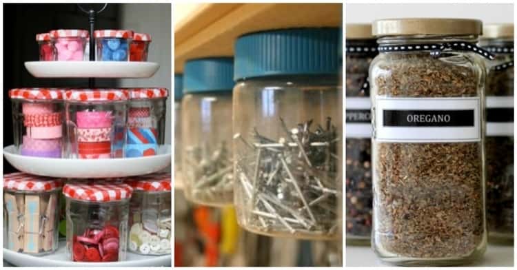 A collage of how to upcycle food jars - using them to store spices, making a tiered craft tray and using them to make handy under the shelf storage for screws, nails and other small items in the garage. 