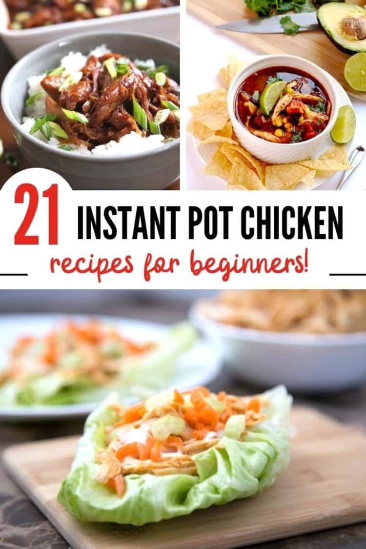 Collage of Instant pot chicken recipe images, bowl of honey bourbon chicken, bowl of southwestern chicken soup and chicken lettuce wraps on wooden planks.