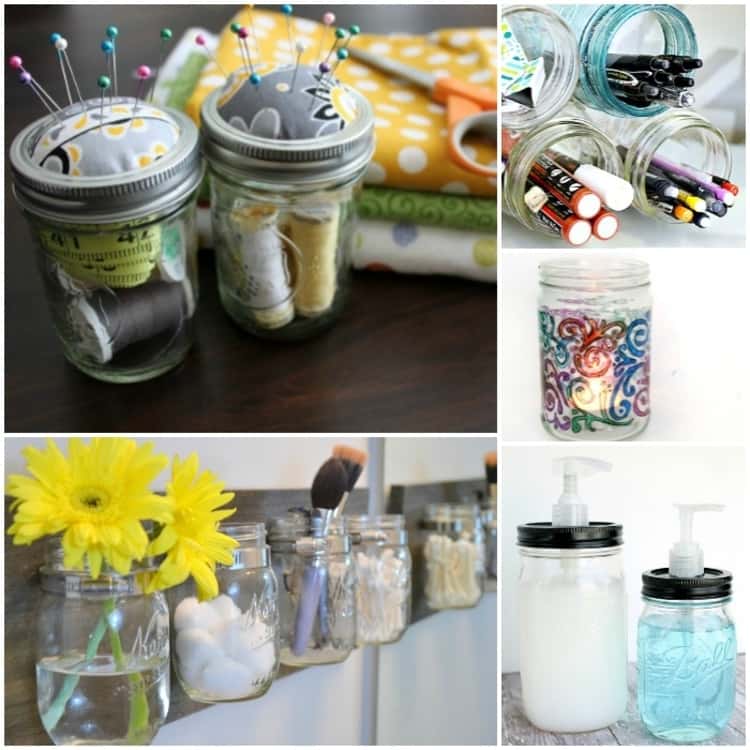 A photo collage showing old jars upcycled to make sewing kits, bathroom organizers, soap dispensers, a cute candle holder and a desk organizer. 