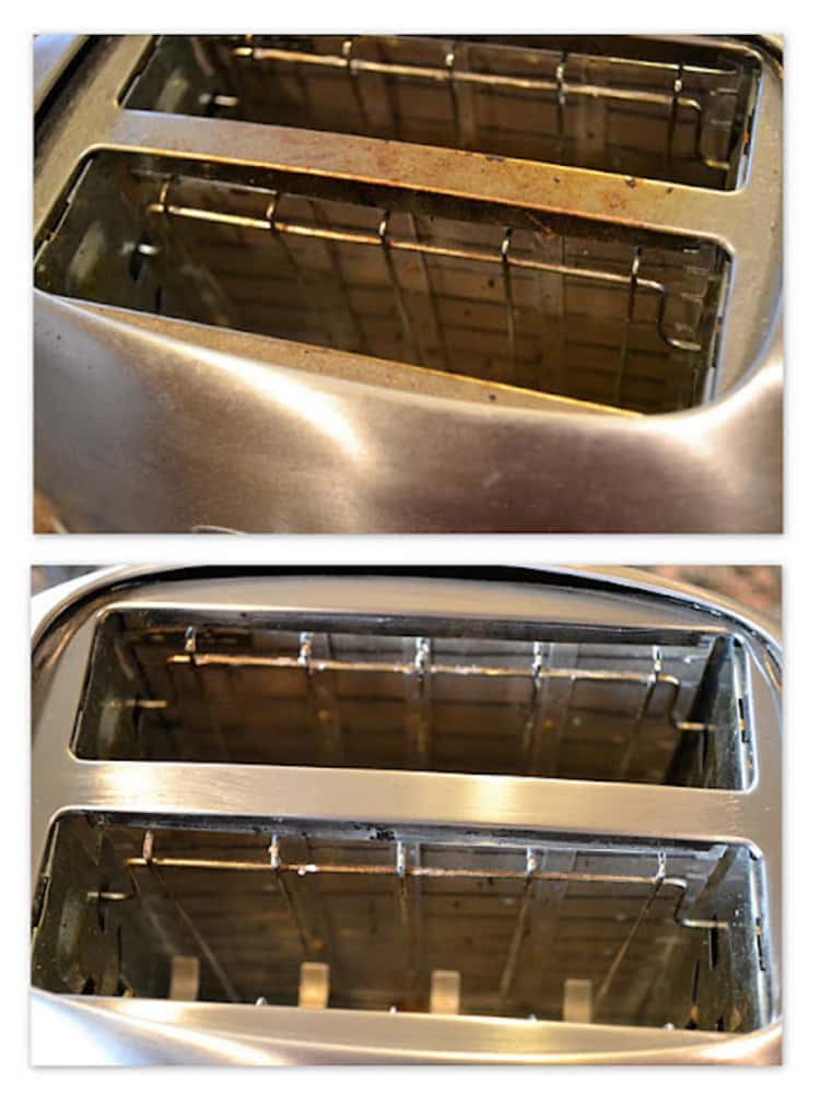 A collage of before and after photos of a stainless steel toaster after it was cleaned with cream of tartar