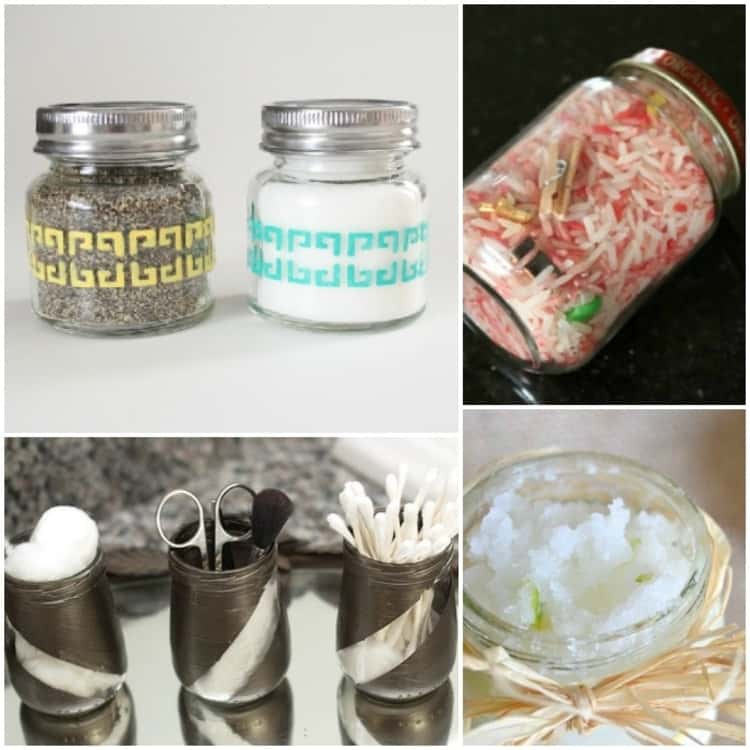 Baby food jars upcycled into pretty salt and pepper shakers, an I-Spy toy for a toddler, gorgeous bathroom organizers and a jar for a homemade DIY scrub gift. 