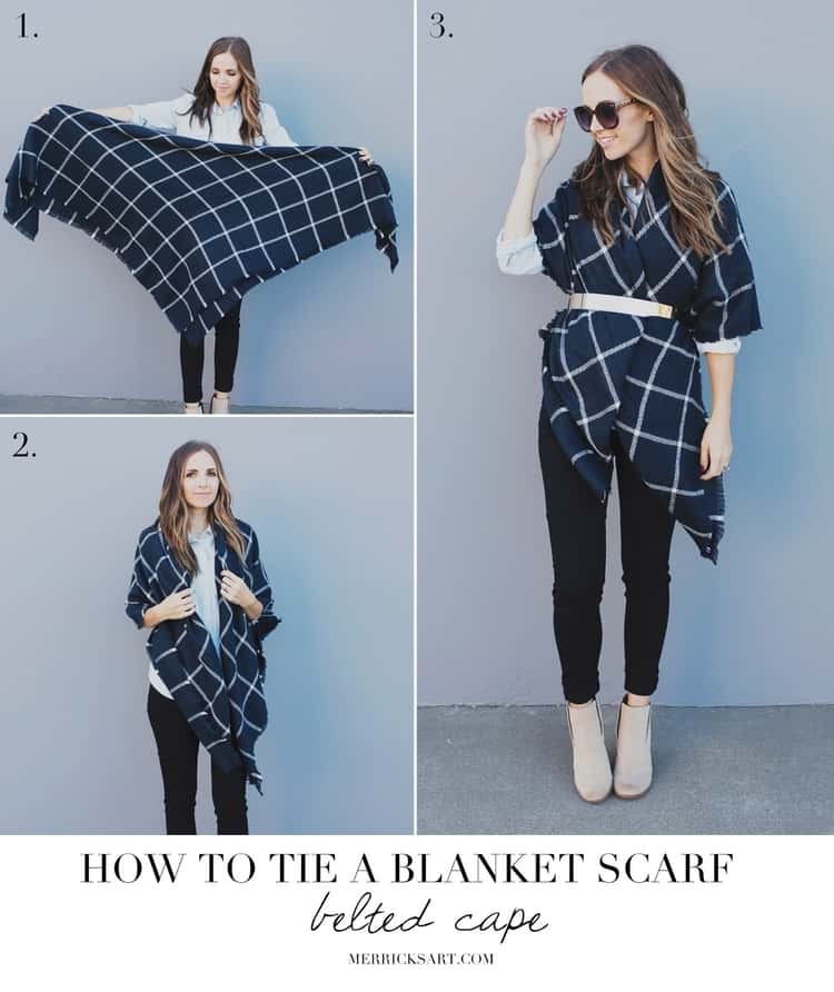 photo tutorial showing how to tie a belted cape blanket scarf