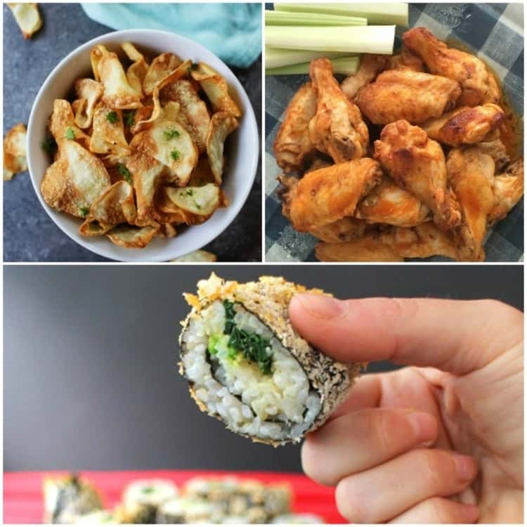 Collage of photos for air fryer recipes- potato chips, buffalo chicken wings and sushi rolls.