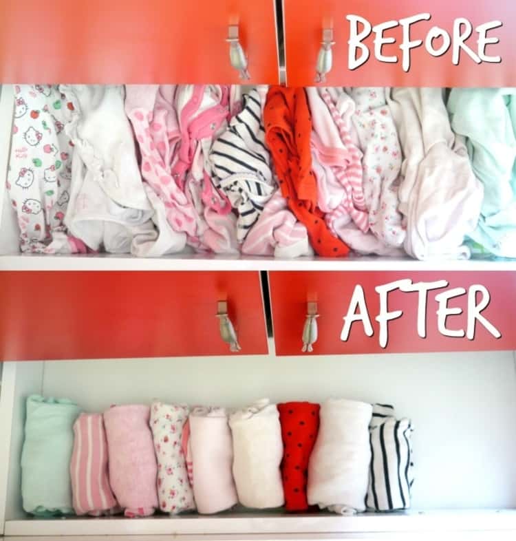 A Before & After photo collage of a dresser with baby's clothes not rolled and rolled. So much space saved with this baby hack!