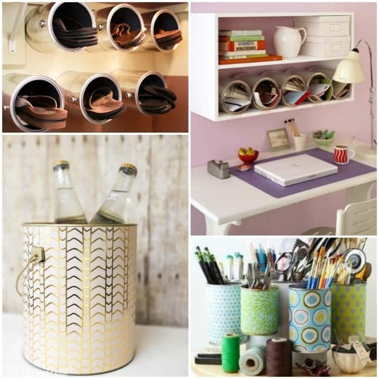 4-photo collage of reusing paint cans - as shoe storage, glammed ice bucket, office organization cubbies, and as a craft caddie 