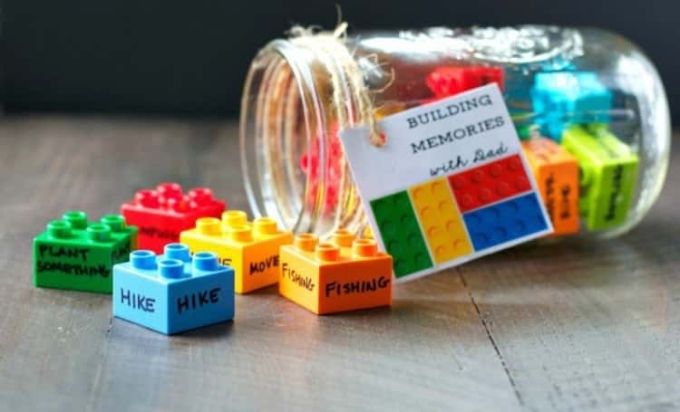 Building Memories with Dad Jar filled with legos labeled with different memory building activities