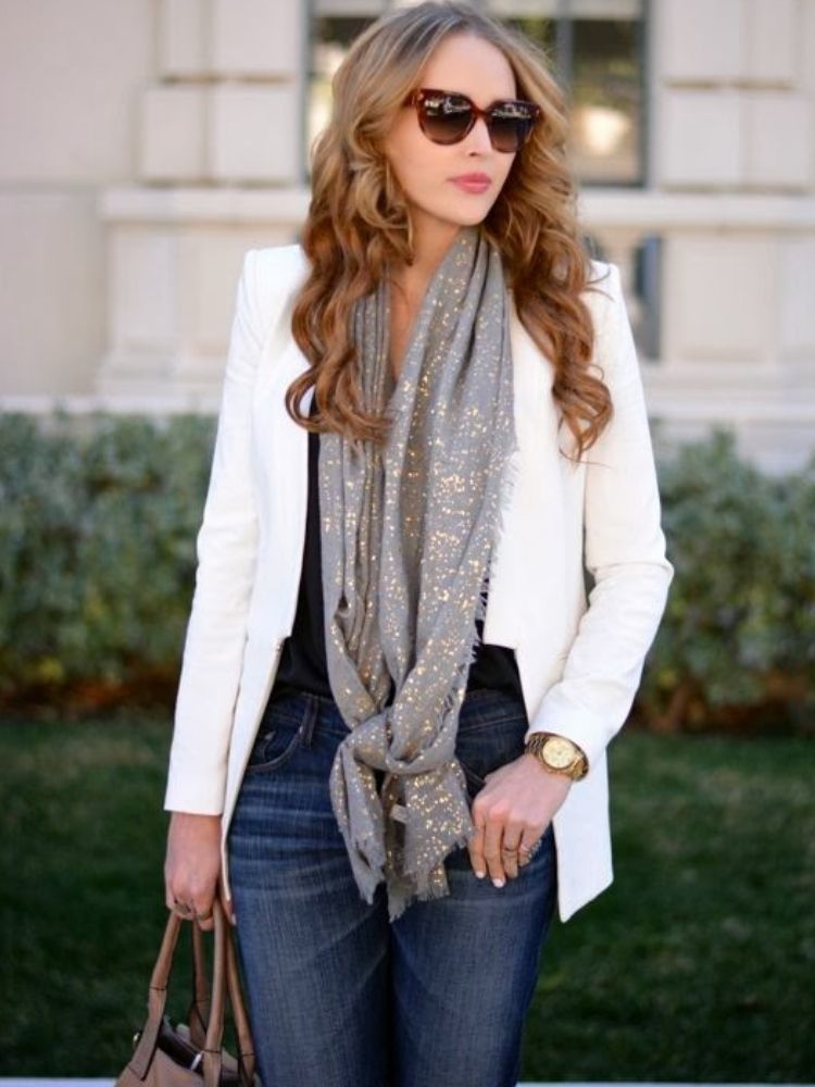 chic scarf with blazer