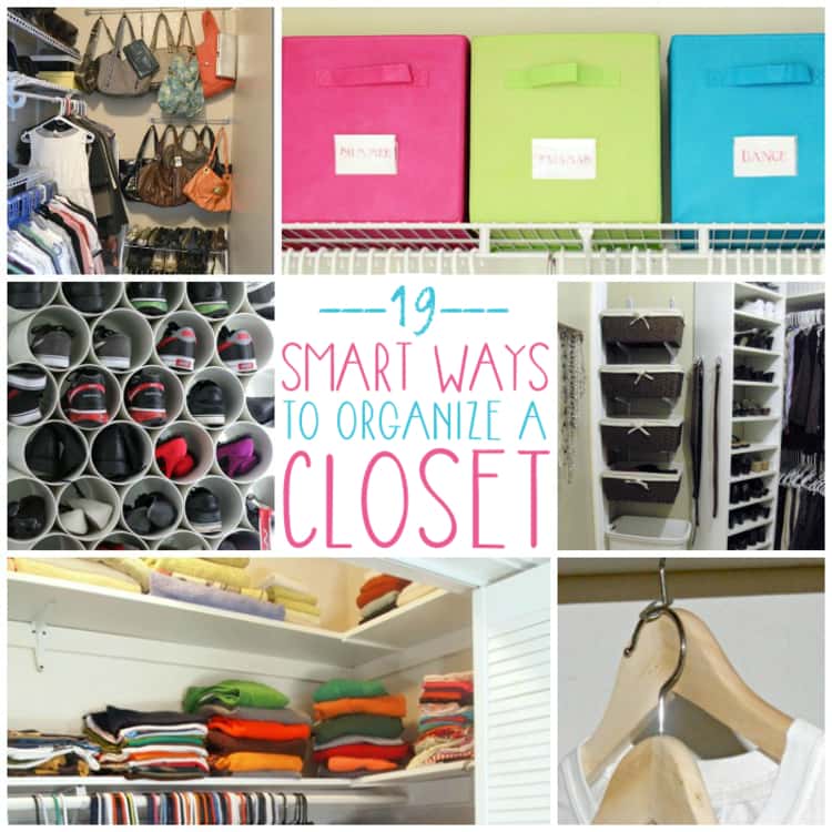 19 SMART WAYS TO ORGANIZE A CLOSET - a closet redo with shelves, a PVC shoe rack, colorful labelled bins for seasonal clothing, wicker baskets to organize loungewear, and curtain rods for handbags