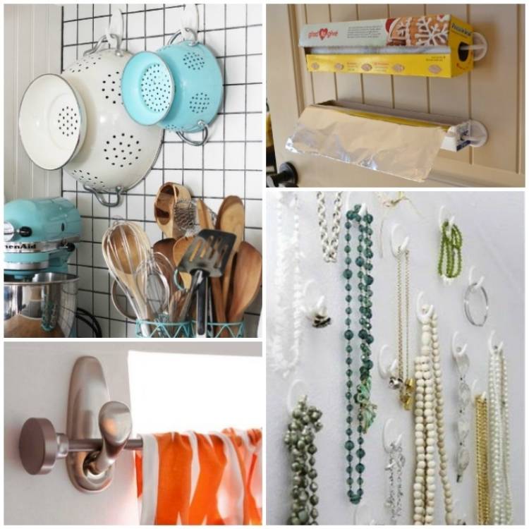 collage of command hook uses ike hanging jewelry and a curtain rod