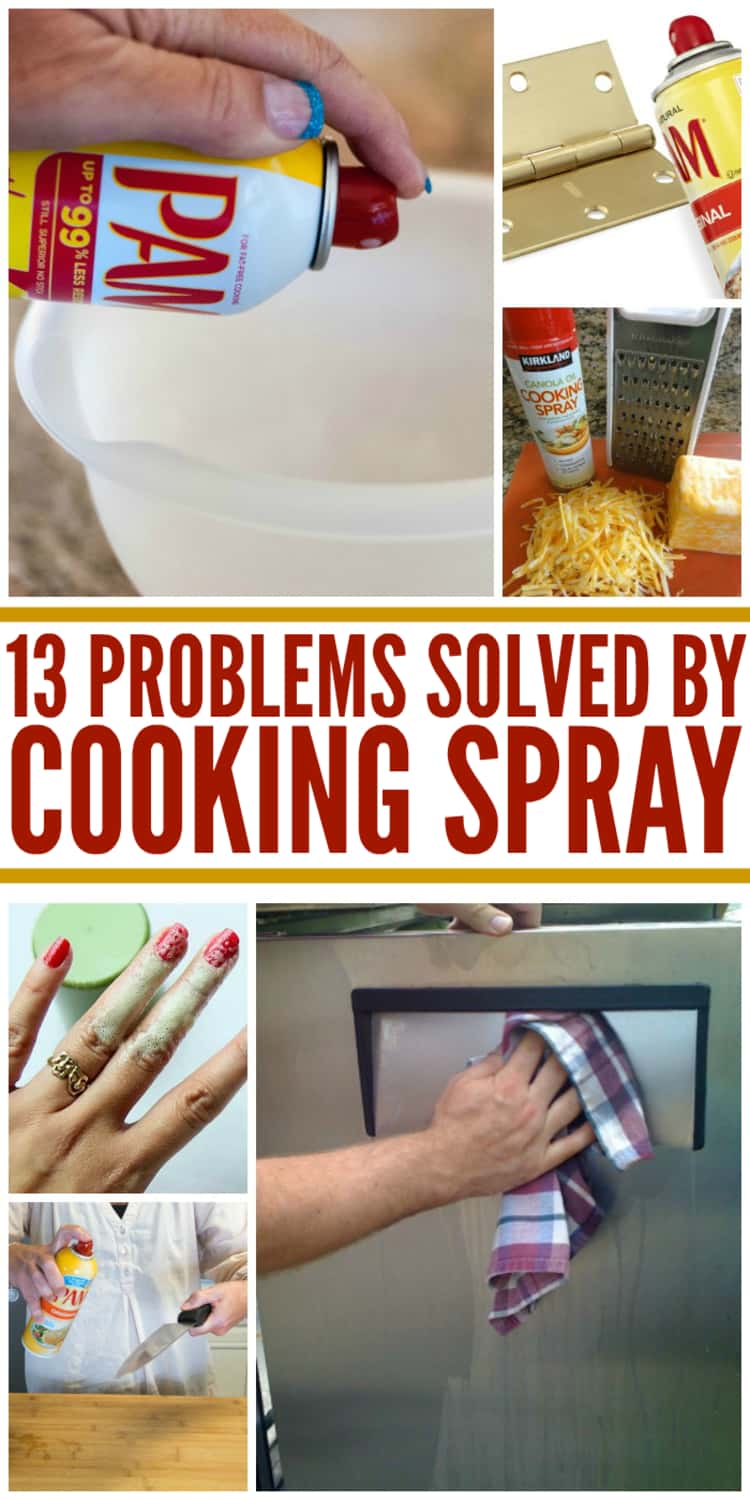 A photo collage showing the different ways of how to use cooking spray -A hand spraying cooking spray in a bowl, a door hinge beside a can of cooking spray, cheese and cheese grater next to a can of cooking spray, a hand with cooking spray residue, a person spraying cooking spray on a knife and a hand cleaning a stainless steel surface with a cloth.