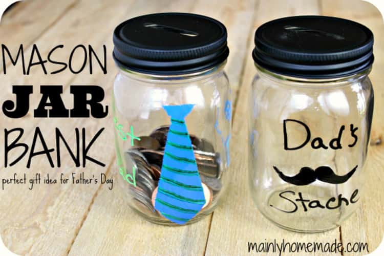 presents for dad - 2 mason jar piggy banks - one drawn dad's stache and the other a blue striped tie